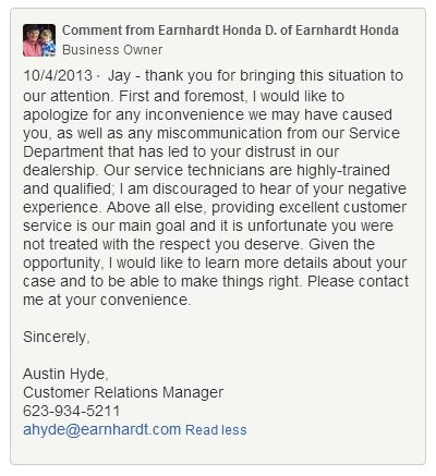 Great Example of how to handle a review. -- Earnhardt Honda Review Response