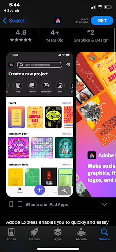 Screenshots of the App Store page for Adobe Express: Graphic Design.