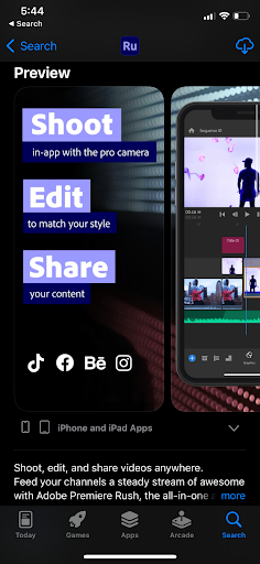 Screenshots of the App Store page for Adobe Premiere Rush.