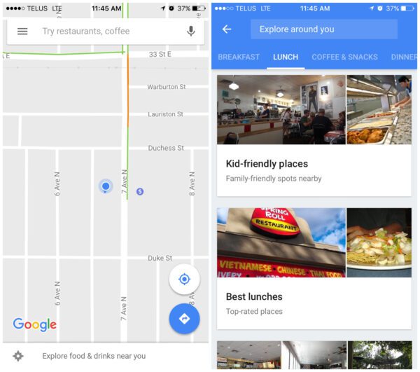 Screenshot of Google maps next to a screenshot of local lunch restaurant recommendations.