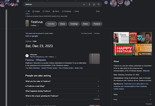 Screenshot of search result for “Festivus”, with information about the fake holiday from Seinfeld as a result, and a metal pole running along the side of the screen, referencing a joke from the TV show.