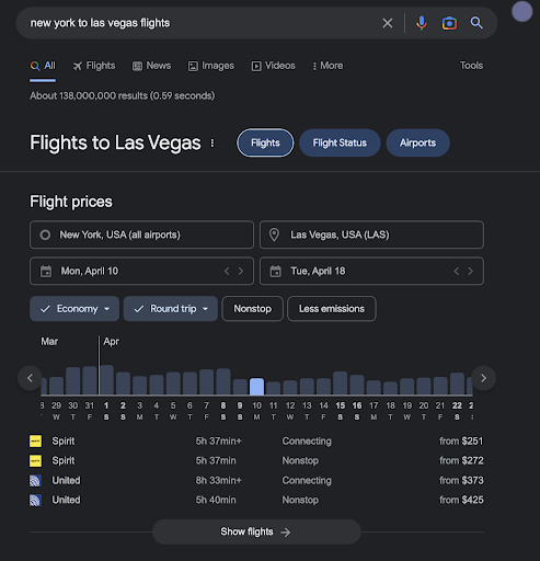Screenshot of search result for “New York to Las Vegas flights”.