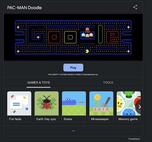 Screenshot of Google’s built-in Pac-Man game.