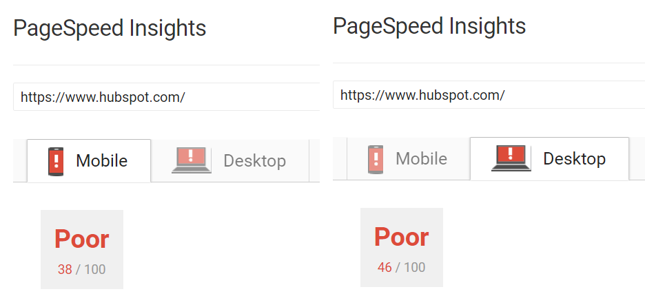 Screenshot showing poor PageSpeed Insights