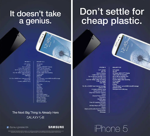 Samsung and Apple competitor conquesting ads side by side, using the same image of an Apple and  Samsung phone, with different features listed below and different phrases along the top.