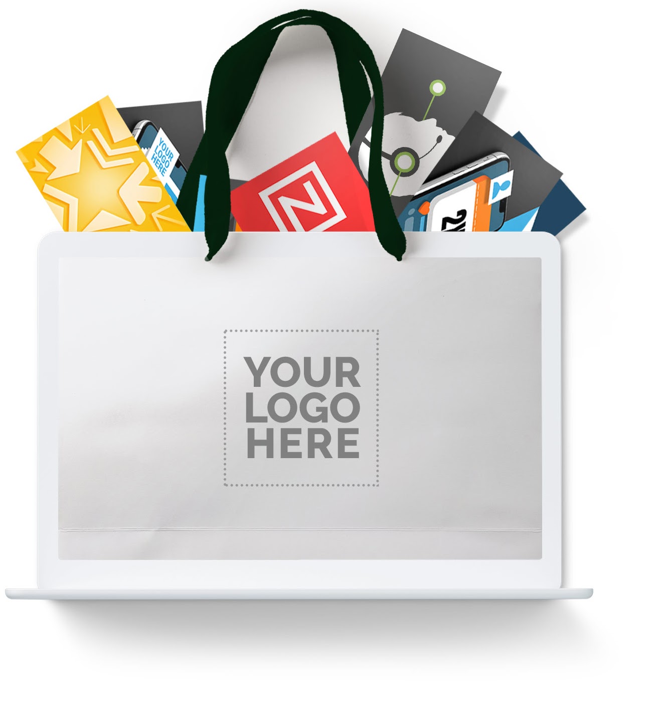 A white-labeled shopping bag filled with software products and marked as “your logo here.”