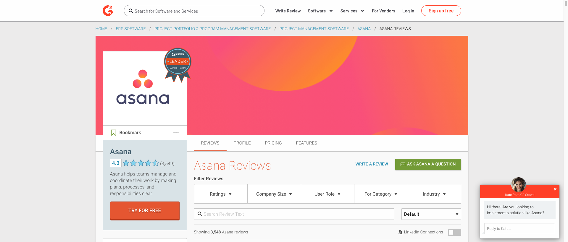 Screenshot of the G2Crowd interface showcasing the Asana review page.