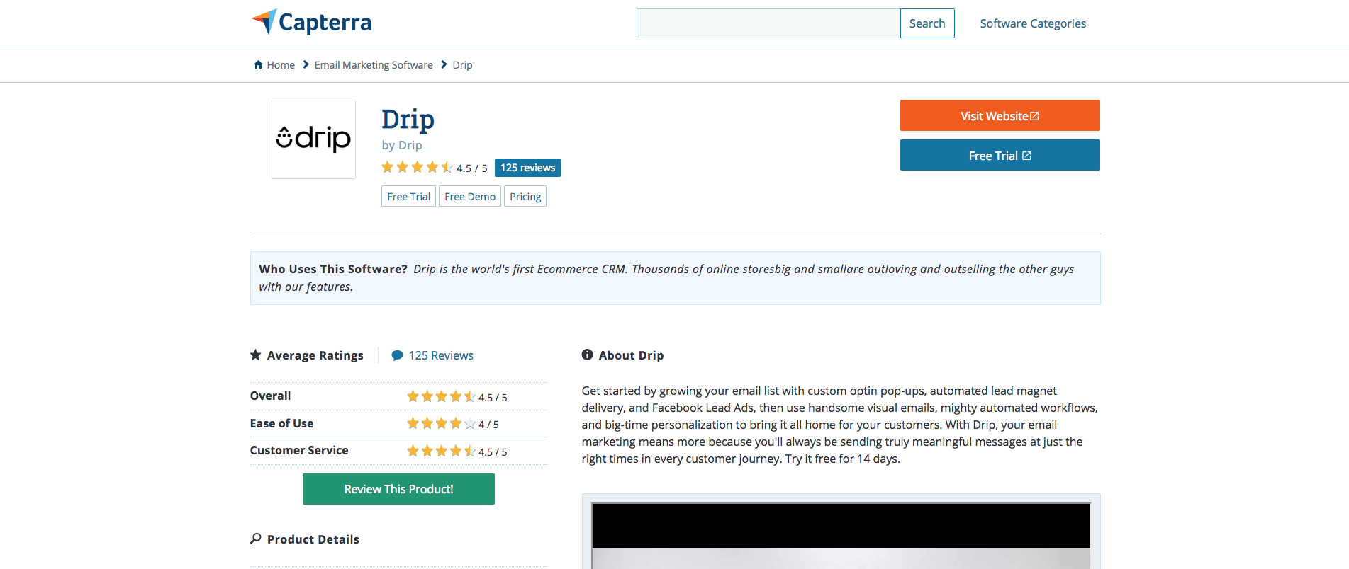Screenshot of the Capterra interface showcasing the Drip review page.