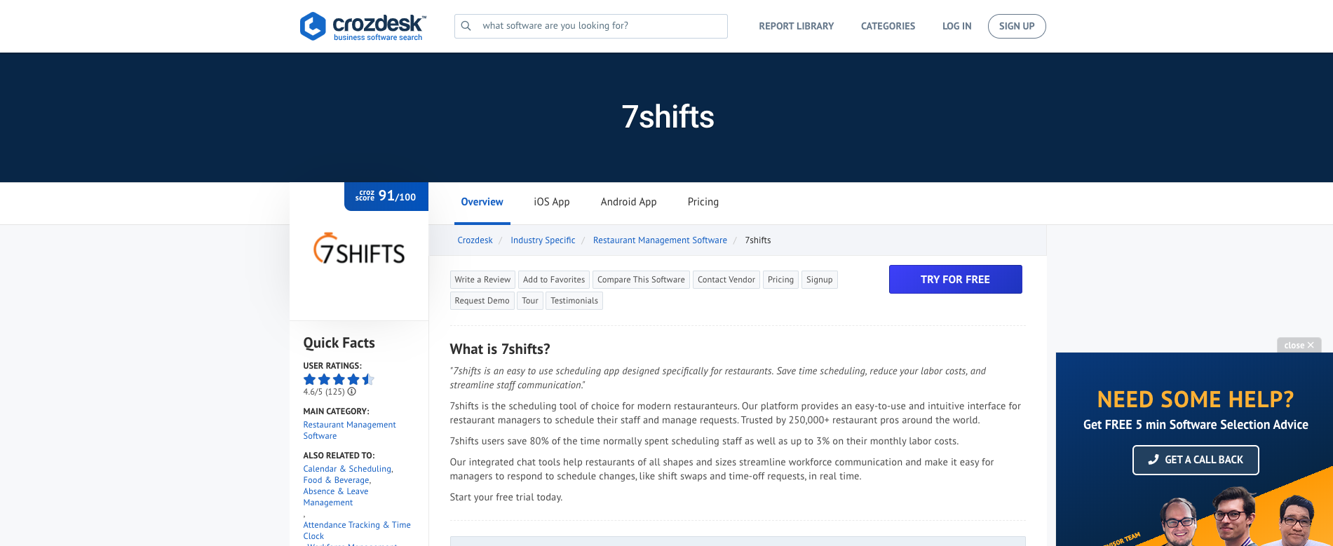 Screenshot of the Crozdesk interface showcasing the 7shifts review page.