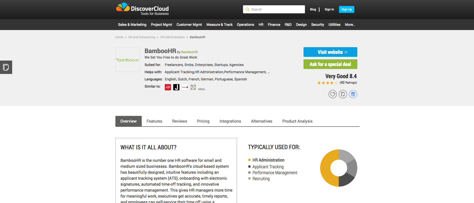 Screenshot of the DiscoverCloud interface showcasing the BambooHR review page.
