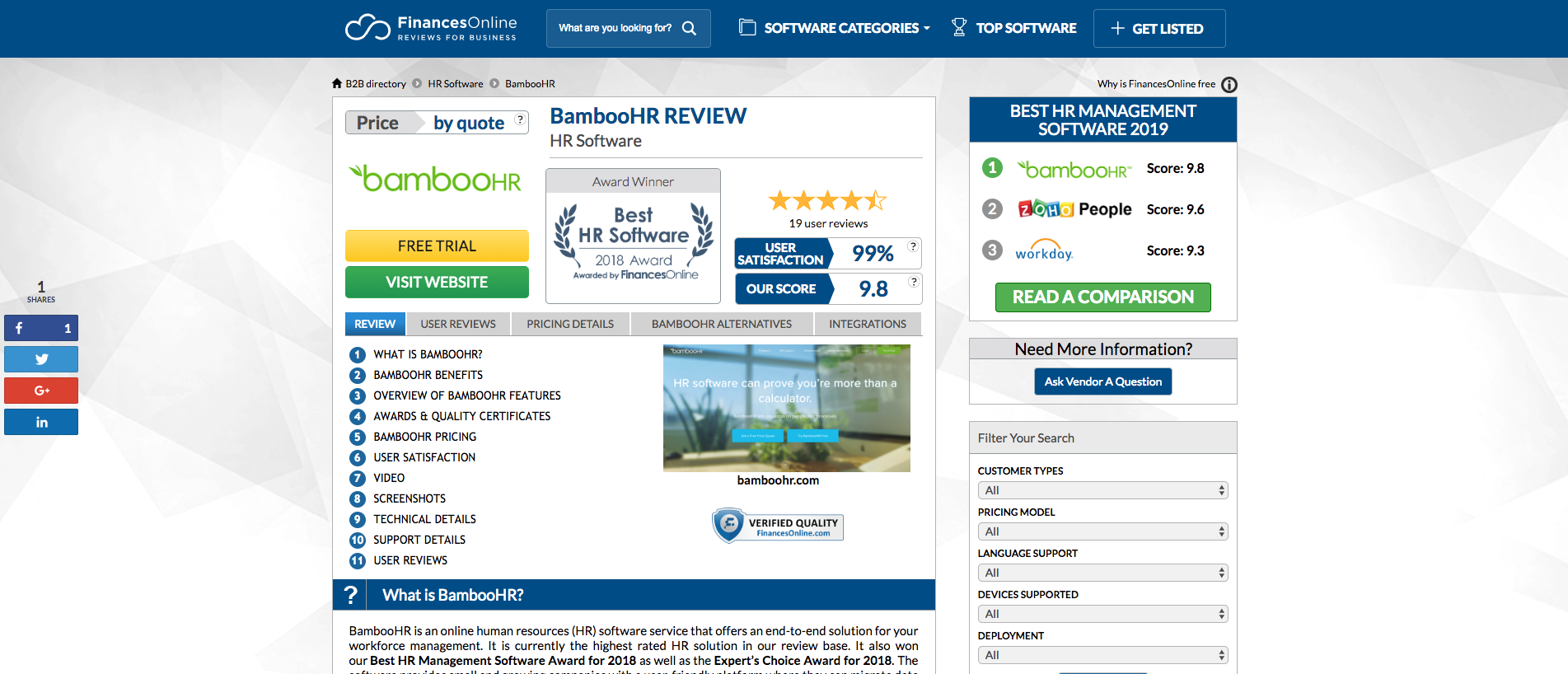 Screenshot of the FinancesOnline interface showcasing the BambooHR review page.