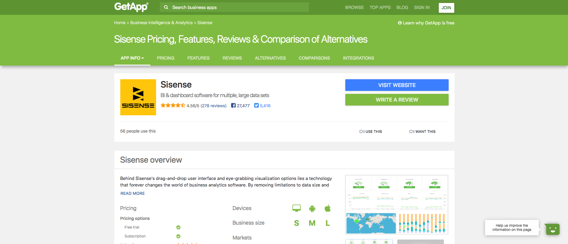 Screenshot of the GetApp interface showcasing the Sisense review page.