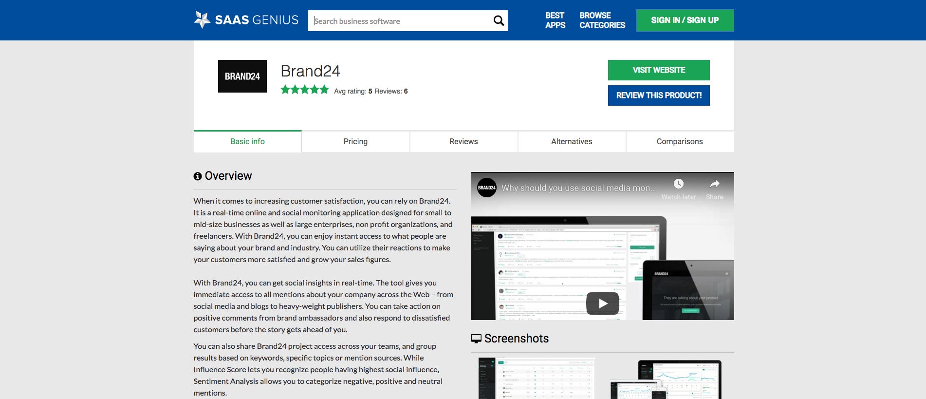 Screenshot of the SaaSGenius interface showcasing the Brand24 review page.