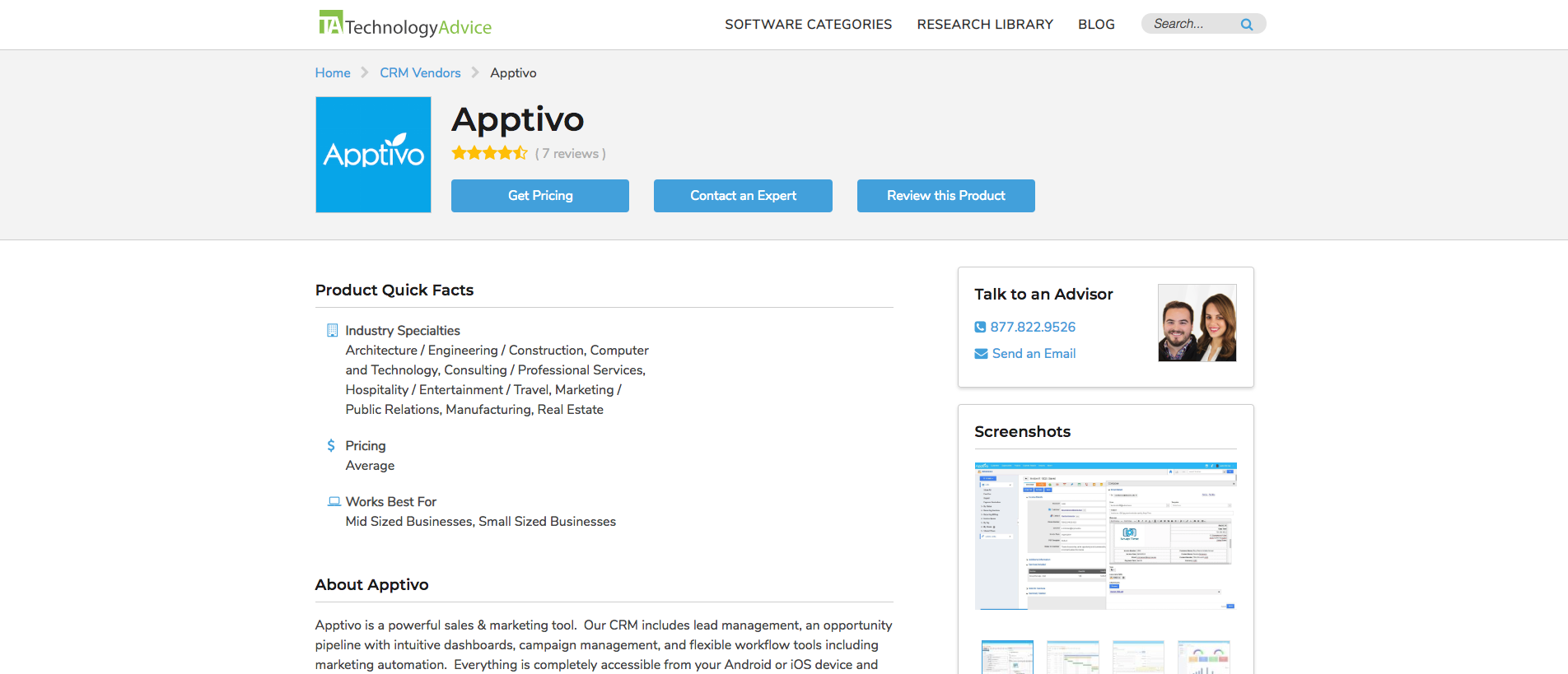 Screenshot of the TechnologyAdvice interface showcasing the Apptivo review page.