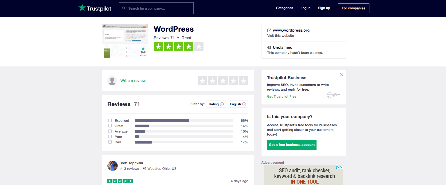 Screenshot of software review site TrustPilot interface showcasing the WordPress reviews on their site.