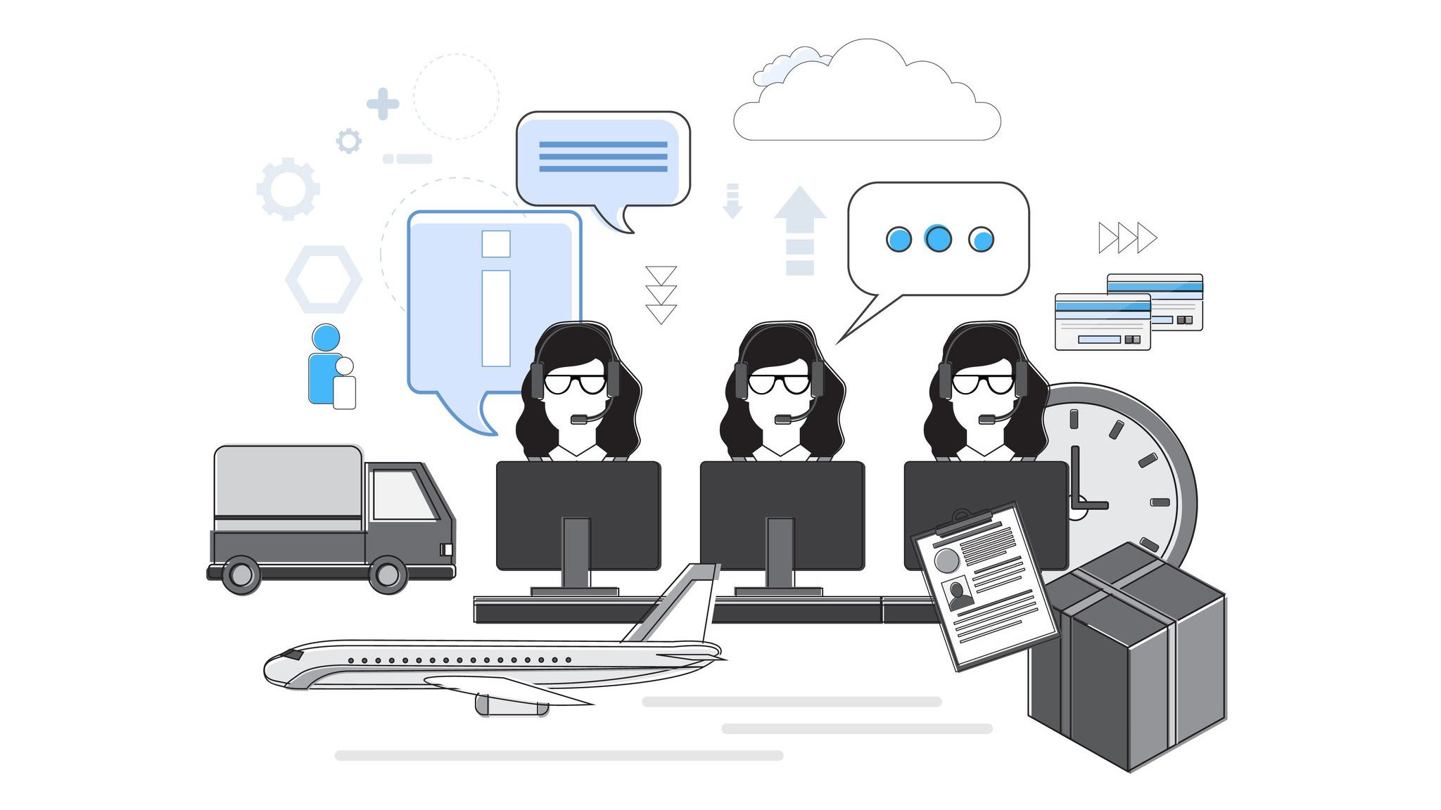 Three women at computers with headsets on surrounded by icons representing different things they may help with as virtual assistants. Around them is a truck, an airplane, a package, an applicant resume, speech bubbles, and credit cards.