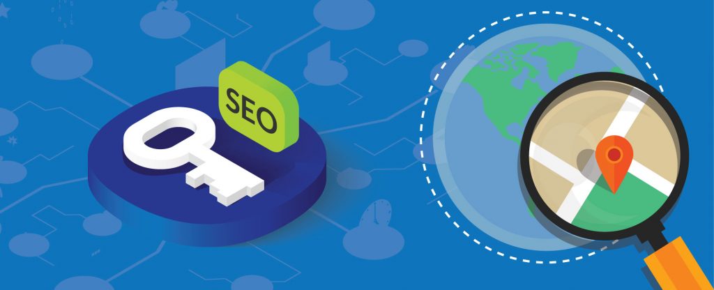 graphic of a key labeled SEO and a magnifying glass zooming in on a globe, drawing attention to importance of locality in SEO.