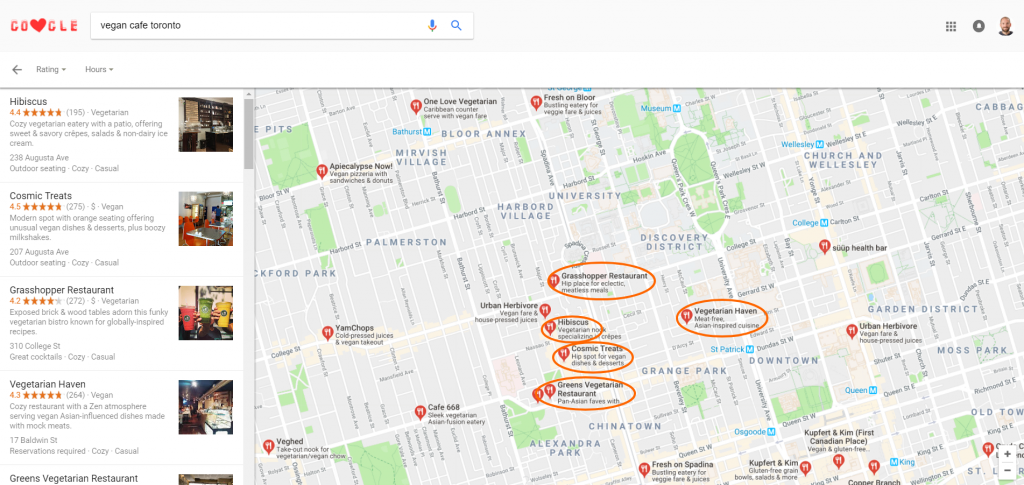 Screenshot of Google maps search illustrating top ranking vegan cafes in Toronto.