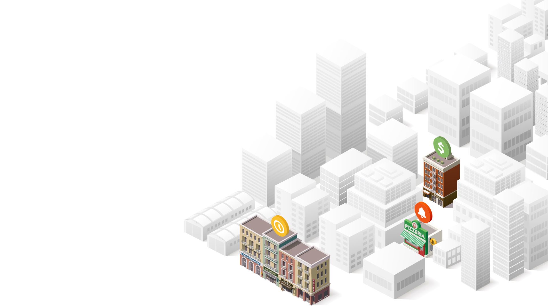 A gray city with three colorful buildings representing the businesses that stand out for using SaaS software.
