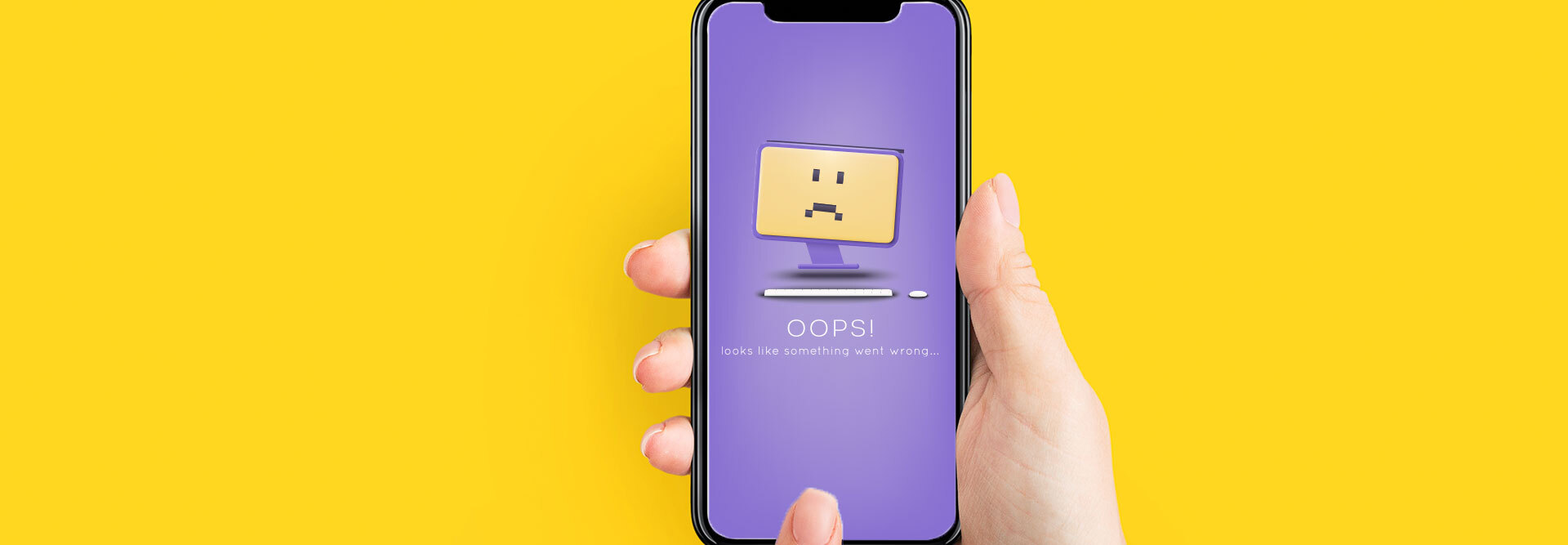 A hand holding an iPhone against a yellow background. The phone screen is showing an empty state error page that follows UX best practices.