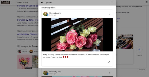 An example of SEO reputation management with a screenshot of a Google update created by a florist featuring a bouquet of roses and a caption informing customers of the price.