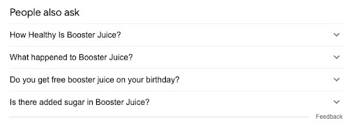 Screenshot of People Also Ask (PAA) box with questions related to Booster Juice.