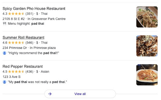 Screenshot of a Google local 3-pack search result for pad thai restaurants, showing how highlights from reviews can show up in search results.