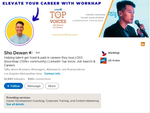 LinkedIn profile of Dho Dewan, used as an example that illustrates how profiles can be used to establish personal branding.