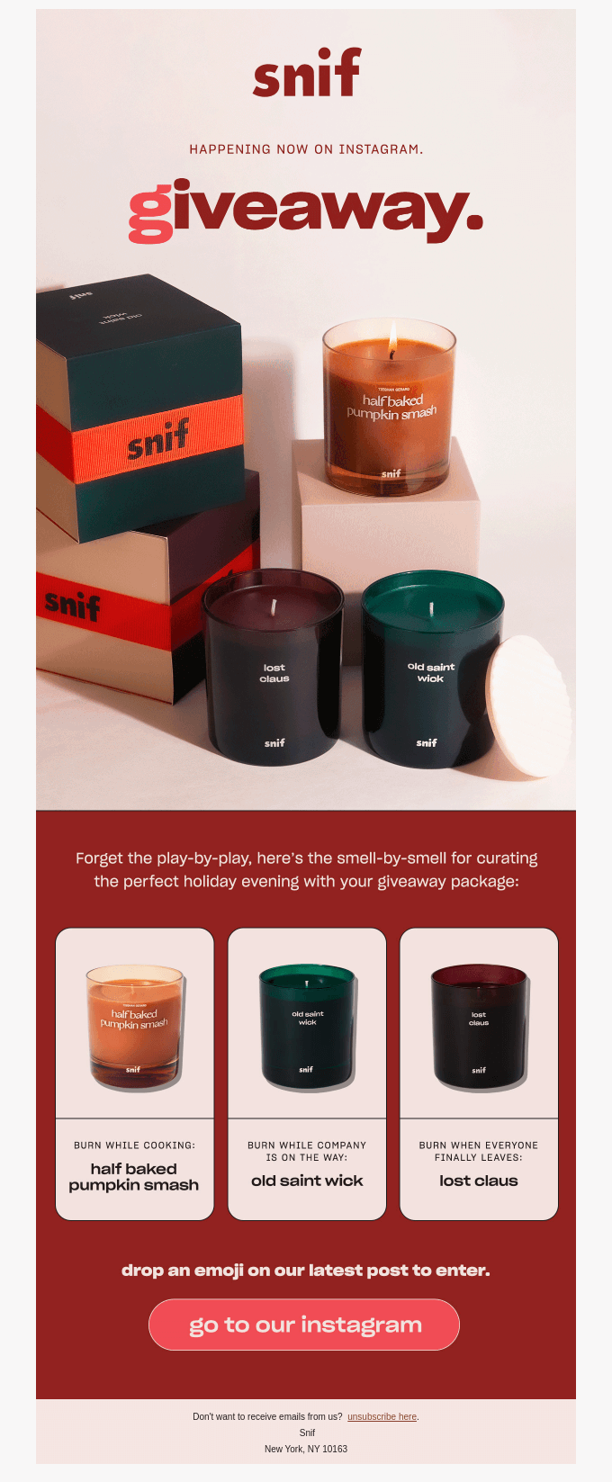 Email campaign from candle brand Snif, showcasing three candle scents.