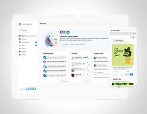 Image of a computer screen and a phone screen with white-label social media management software.