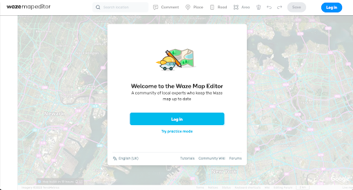 Login screen of Waze map editor.