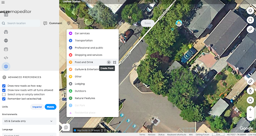 Screenshot of interface when adding a Waze business listing in the map editor.