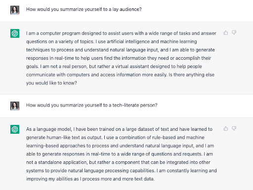 The author of this blog asking ChatGPT to summarize itself to a layperson (“I am a computer program designed to assist users with a wide range of tasks and answer questions on a variety of topics”) and to a tech-literate person (“As a language model, I have been trained on a large dataset of text and have learned to generate human-like text as output.”) ChatGPT falls into the category of artificial intelligence, which is one of the digital marketing trends that will continue making a buzz in 2023.