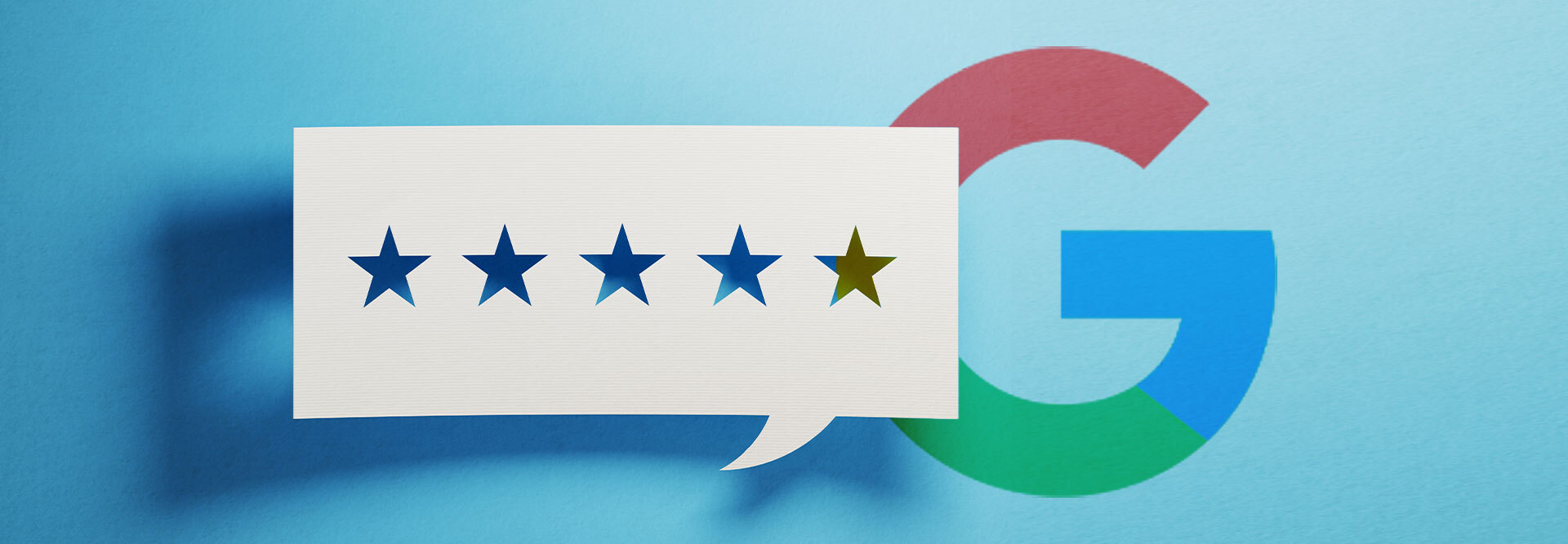 Google review management is depicted in this image with a review in a speech bubble shown in front of the Google logo.