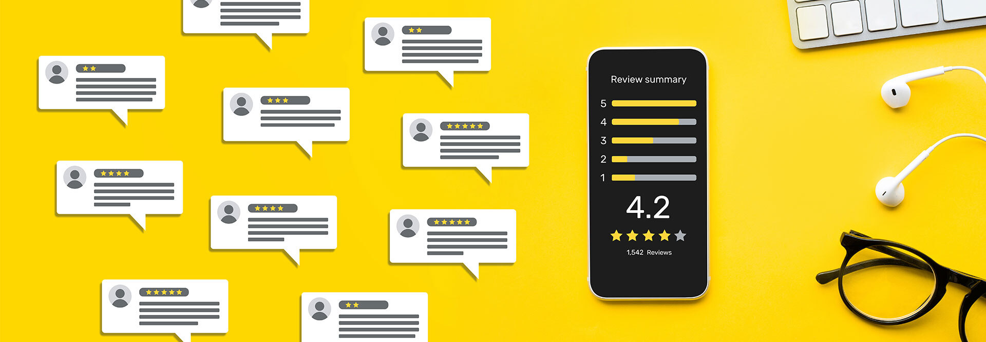 Multiple online reviews are on a bright yellow background with a smartphone showing a 4.2 customer review. White-label reputation management companies can help agencies manage these reviews for their clients.