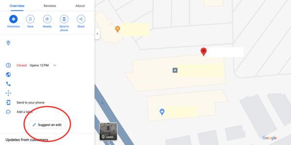 Screenshot of Google Maps with "suggest an edit" circled in red