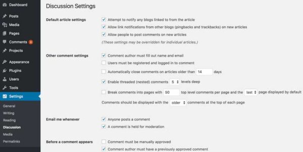 Mock WordPress dashboard displaying Discussion Settings