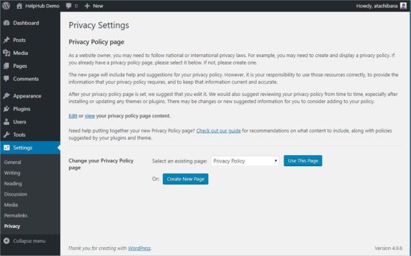 Mock WordPress dashboard displaying Privacy Settings