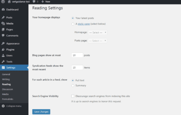 Mock WordPress dashboard displaying Reading Settings
