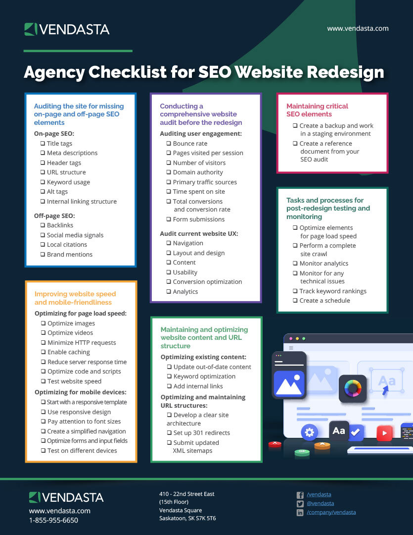 A checklist of items for what to look for when redesigning a website with SEO in mind, with a graphic of a browser window and social media logos in the bottom-right corner, and Vendasta’s contact information at the bottom.