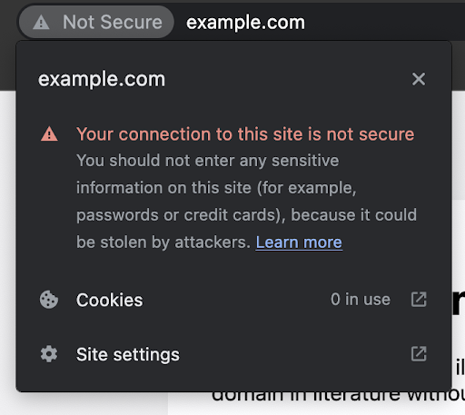 A browser search bar pop-up stating "your connection to this site is insecure"