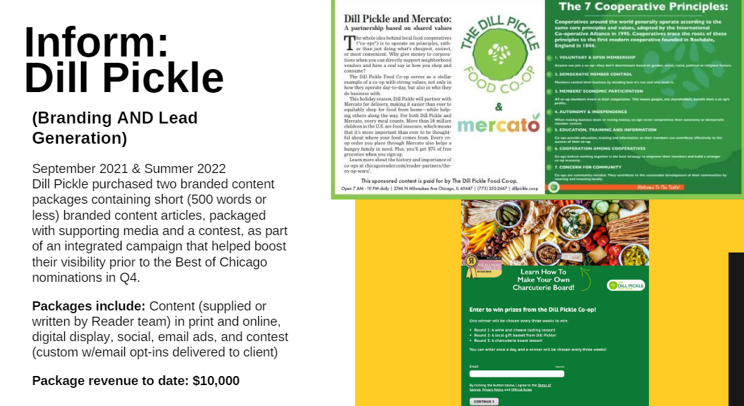 The Reader’s print layout of its branded content marketing campaign for the Dill Pickle Food Co-op
