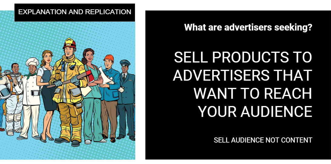A slide from a recent Vendasta webinar, which Julia Campbell referred to, stating that publishers must focus on selling their audience first