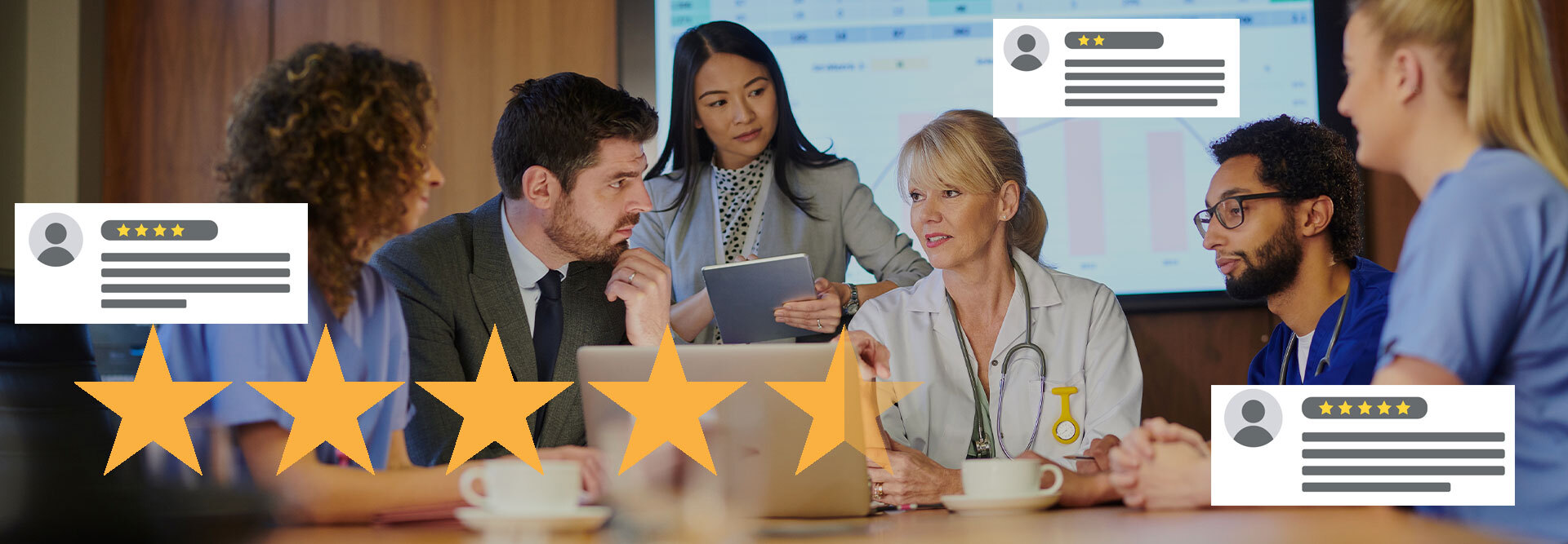 Doctor consults with her marketing team in a boardroom around a conference table, discussing top doctor review sites to manage her online reputation