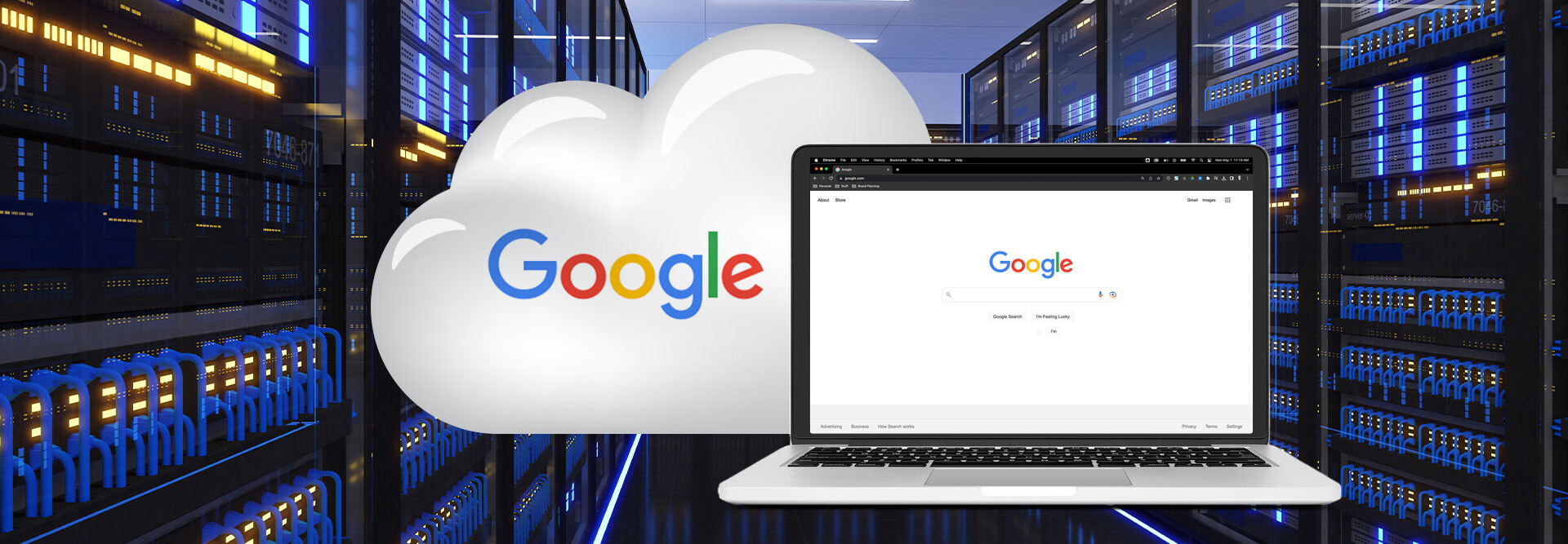 A cloud graphic with the Google logo floating beside a laptop with the Google search bar displayed in front of a web server room.