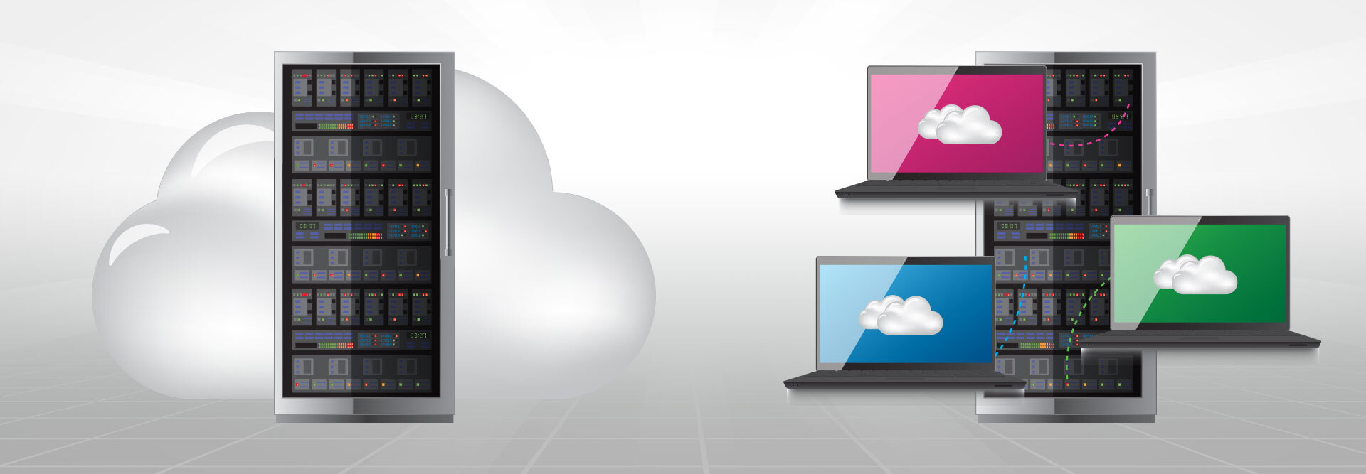 A website server with a cloud behind it to represent cloud hosting, and a server with multiple laptops floating around it to represent shared hosting
