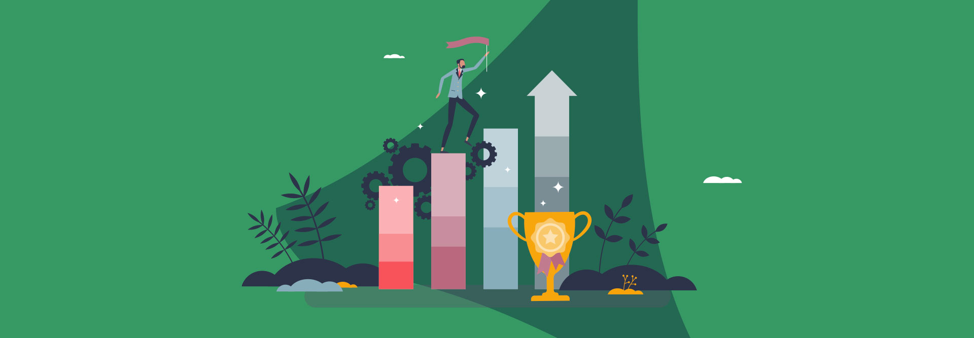 Businessman climbing bar chart with trophy, symbolizing success in making money in digital marketing