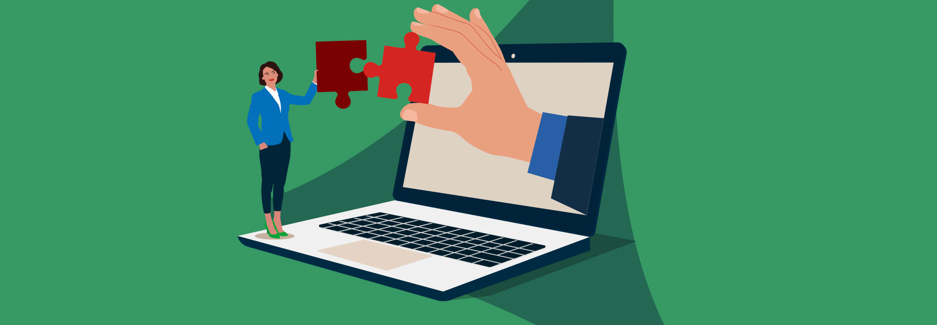A marketing professional and a giant hand coming out of a laptop screen holding connecting puzzle pieces next to each other