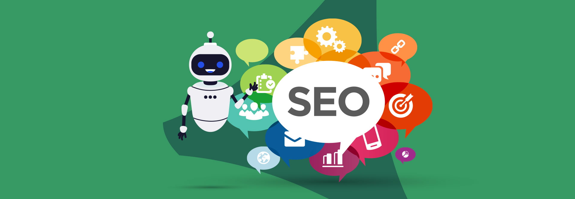 An AI robot hovering over multicolored chat bubbles with one that says SEO in the middle