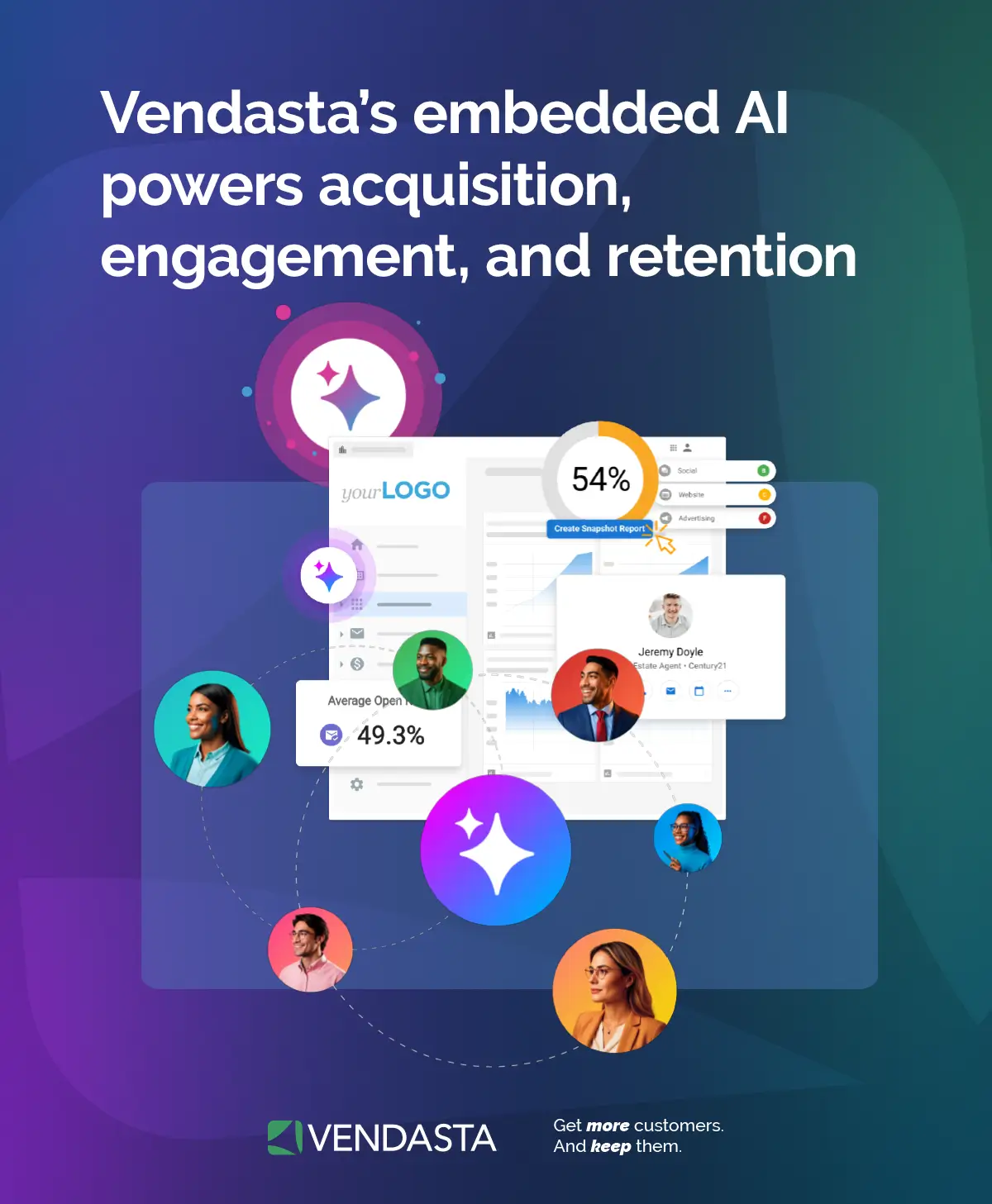 Vendasta's embedded AI dashboard showing customer engagement stats and profile icons for SaaS acquisition and retention Image 4 (crm-for-agencies-vendasta.webp) Infographic listing five reasons Vendasta is a CRM for agencies: all-in-one platform, white-label, AI tools, marketplace, scalability Image 5 (ai-workforce-vendasta.webp) Circle of AI Employee profile icons surrounding a Vendasta AI sparkle icon Image 6 (conversations-ai-coffee-shop-2-vendasta.webp) Vendasta Conversations AI web chat answering a coffee shop customer's question about a specialty drink A few notes: none of these hit the 125-character ceiling, all describe what's actually visible rather than guessing at intent, and I kept keyword use natural rather than forcing "Vendasta" or "AI Employees" into every one where it wasn't the focal point of the image (Image 6, for example, is really about the Conversations AI product in action, not a generic keyword match).